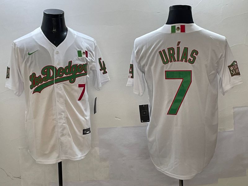 Men Los Angeles Dodgers #7 Urias White Green Game 2025 Nike MLB Jersey style 320